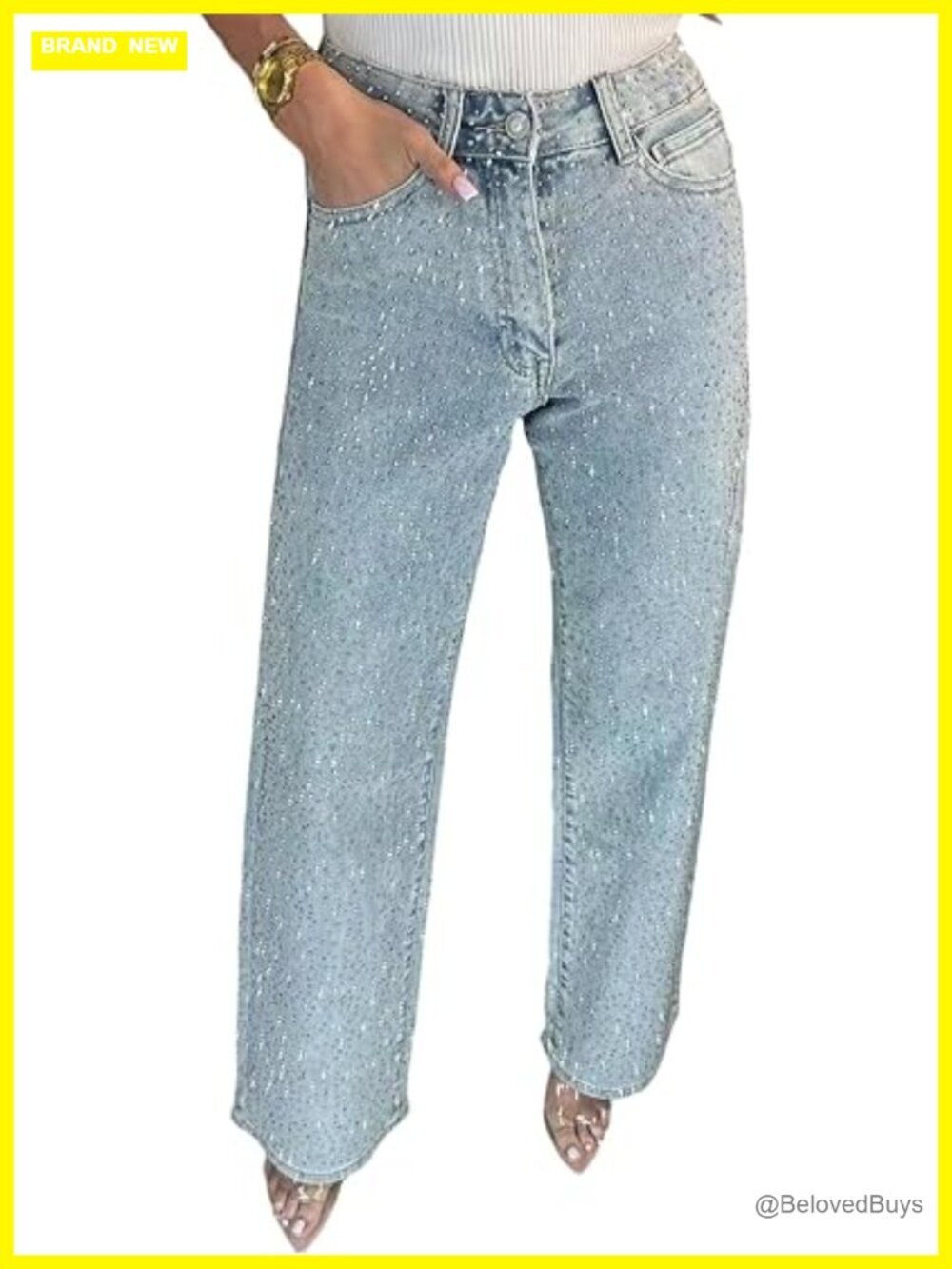 Straight Leg Rhinestone Boyfriend Jeans Sparkly Bling Denim Pants